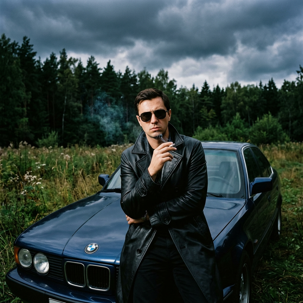 Бандиты 90-х у капота винтажной BMW